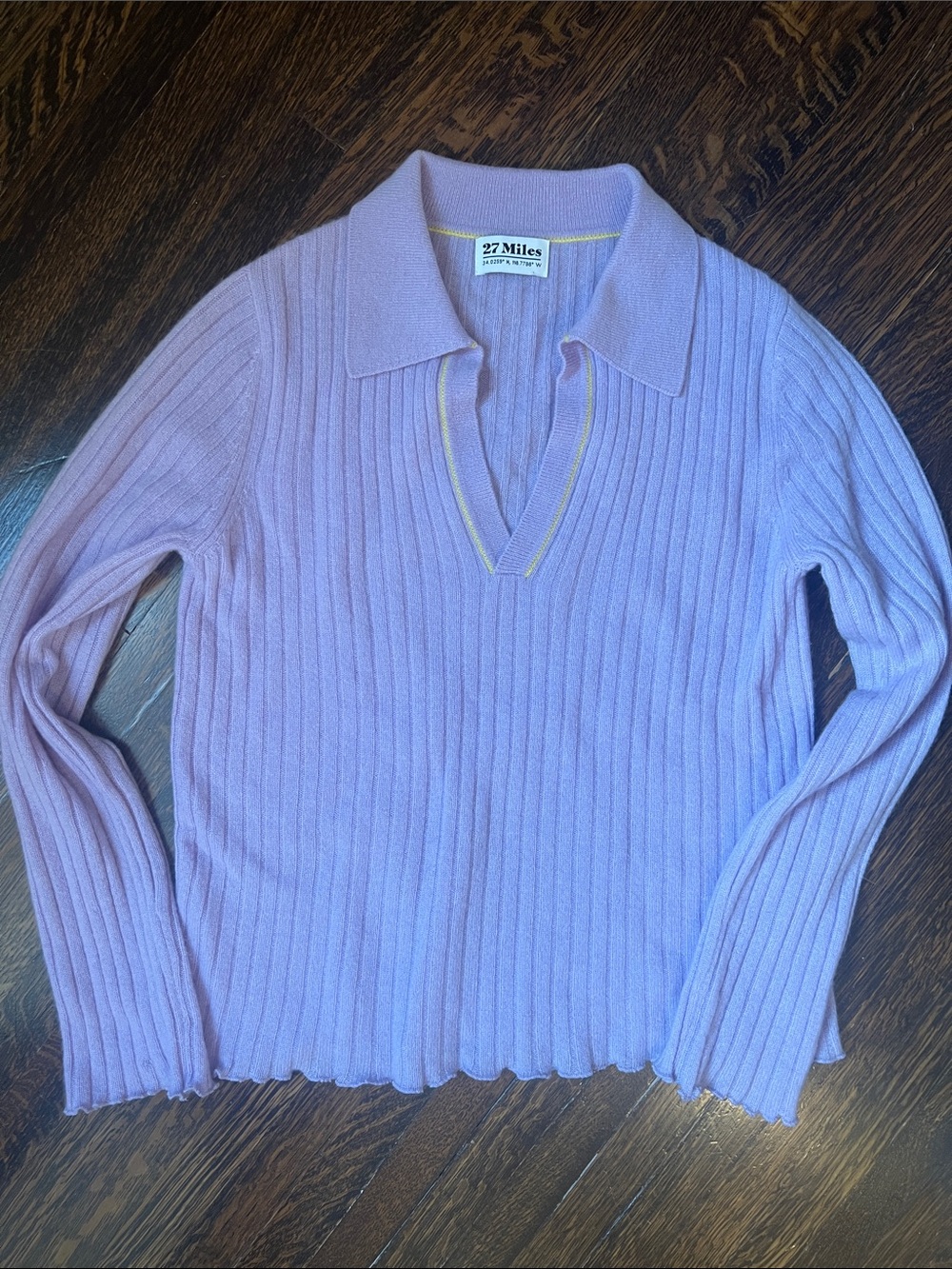27 Miles Lilac Ribbed Collared V-Neck Pullover Sweater